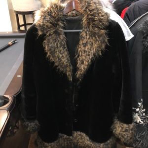 Black with Brown Trimming Faux Fur Coat